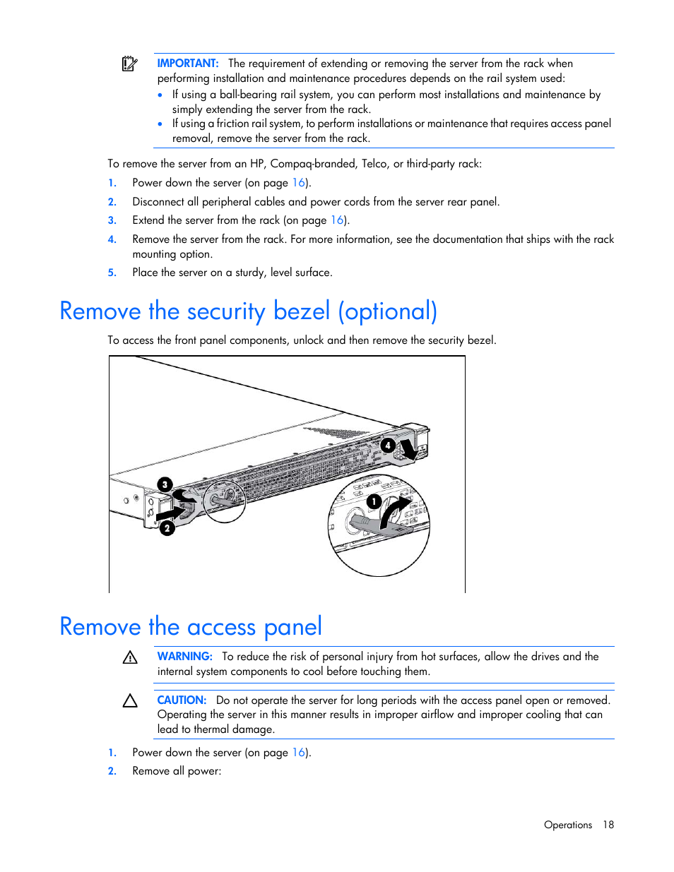 Remove the security bezel (optional), Remove the access panel | HP ProLiant DL320e Gen8 Server User Manual | Page 18 / 96