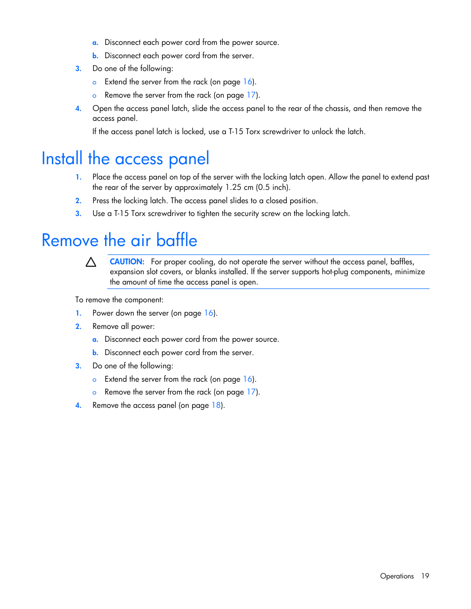 Install the access panel, Remove the air baffle | HP ProLiant DL320e Gen8 Server User Manual | Page 19 / 96