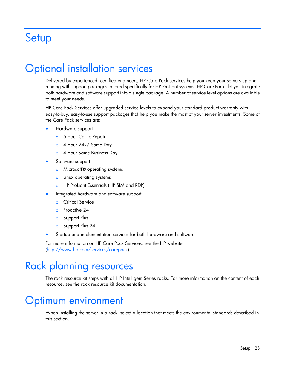 Setup, Optional installation services, Rack planning resources | Optimum environment | HP ProLiant DL320e Gen8 Server User Manual | Page 23 / 96