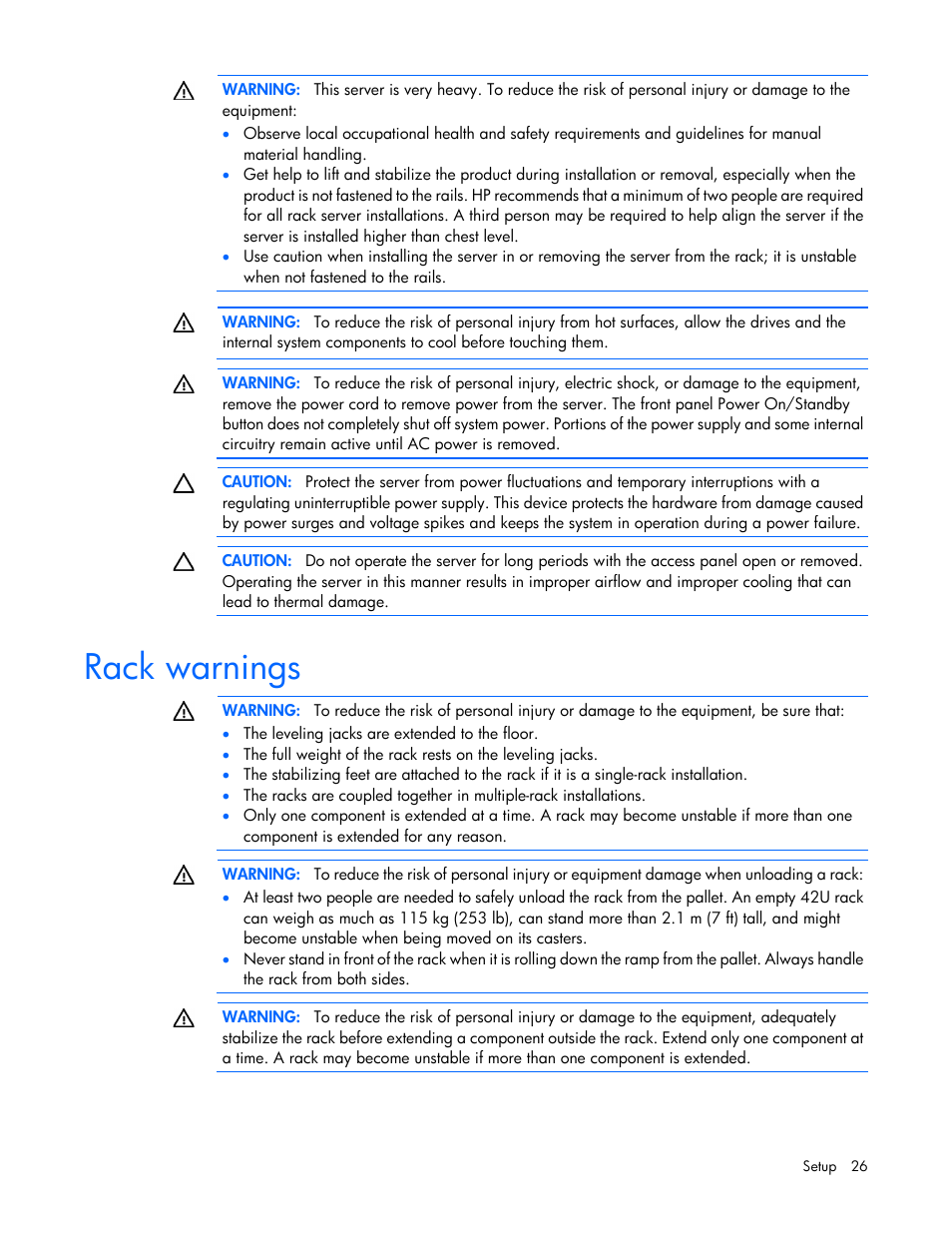 Rack warnings | HP ProLiant DL320e Gen8 Server User Manual | Page 26 / 96