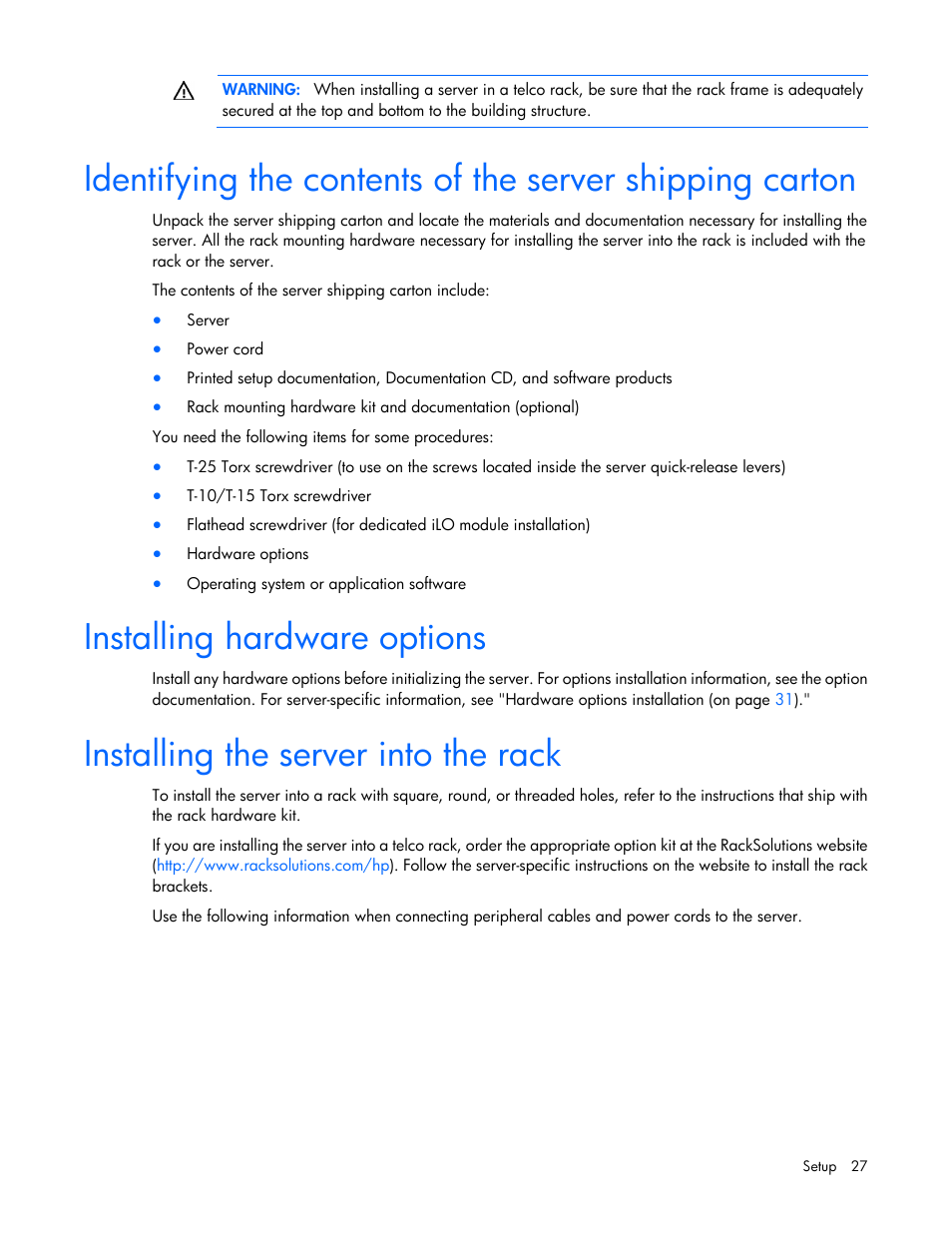 Installing hardware options, Installing the server into the rack | HP ProLiant DL320e Gen8 Server User Manual | Page 27 / 96