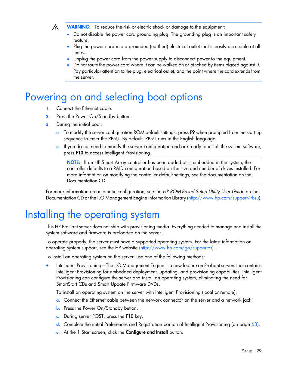 Powering on and selecting boot options, Installing the operating system | HP ProLiant DL320e Gen8 Server User Manual | Page 29 / 96