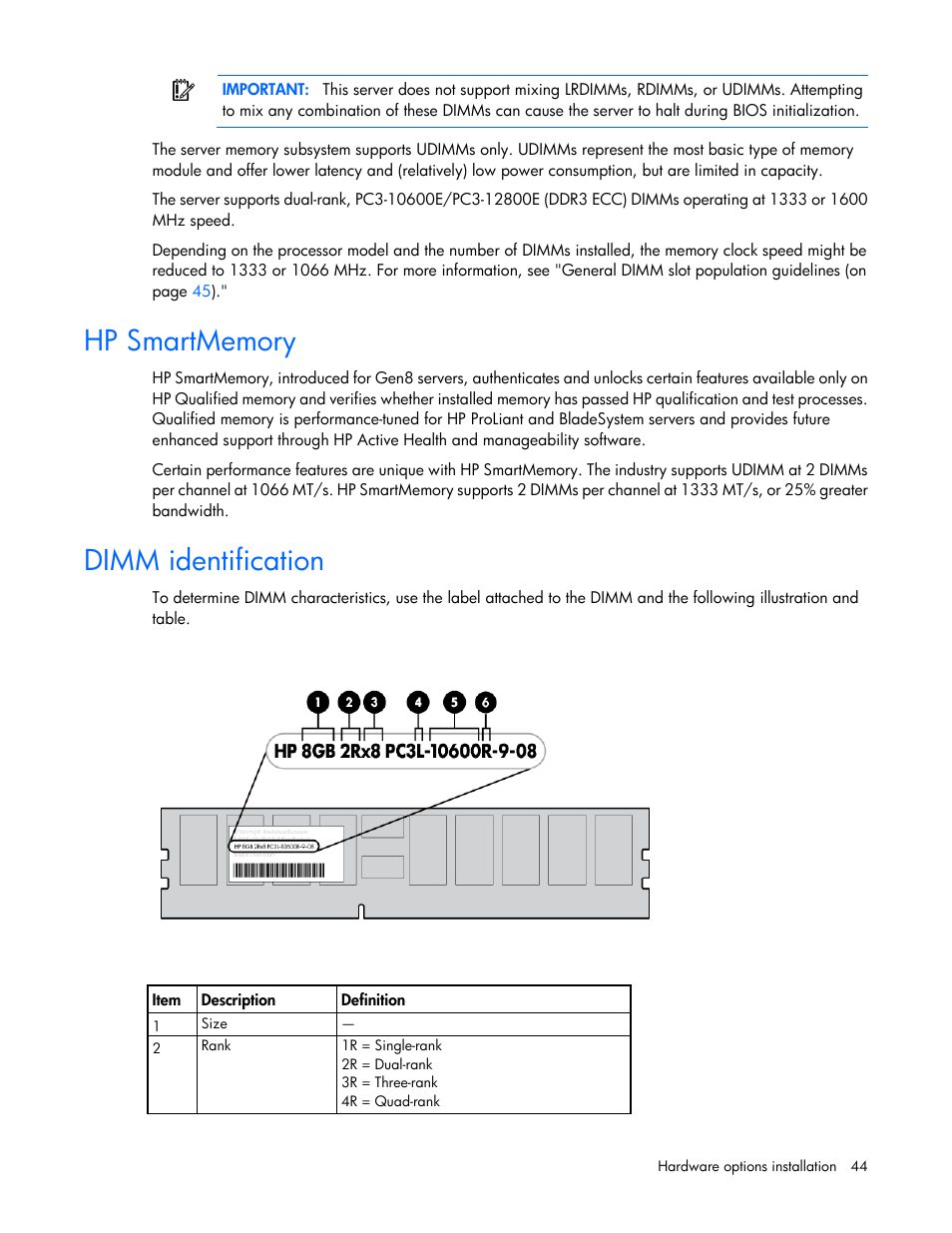 Hp smartmemory, Dimm identification | HP ProLiant DL320e Gen8 Server User Manual | Page 44 / 96