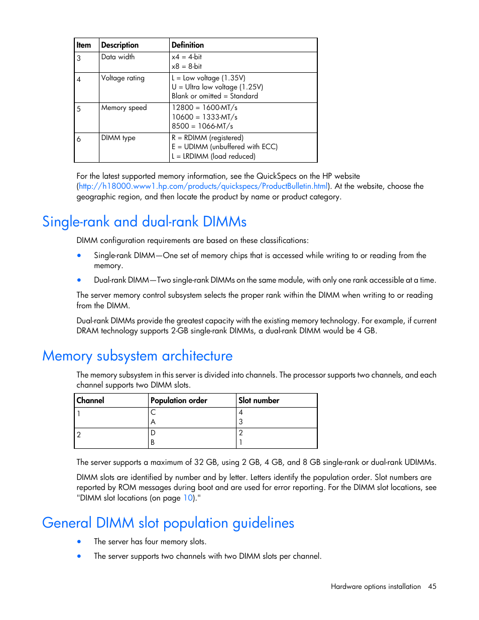 Single-rank and dual-rank dimms, Memory subsystem architecture, General dimm slot population guidelines | HP ProLiant DL320e Gen8 Server User Manual | Page 45 / 96