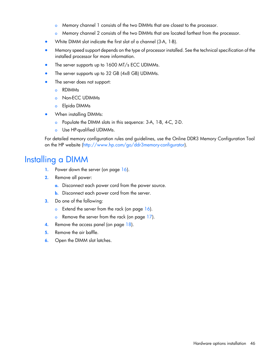 Installing a dimm | HP ProLiant DL320e Gen8 Server User Manual | Page 46 / 96