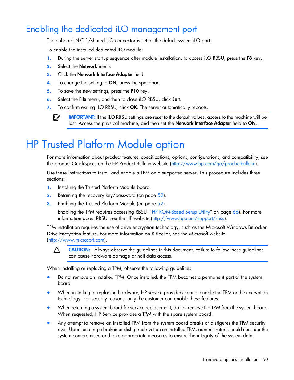 Enabling the dedicated ilo management port, Hp trusted platform module option | HP ProLiant DL320e Gen8 Server User Manual | Page 50 / 96