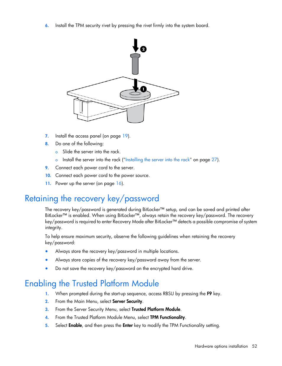 Retaining the recovery key/password, Enabling the trusted platform module | HP ProLiant DL320e Gen8 Server User Manual | Page 52 / 96
