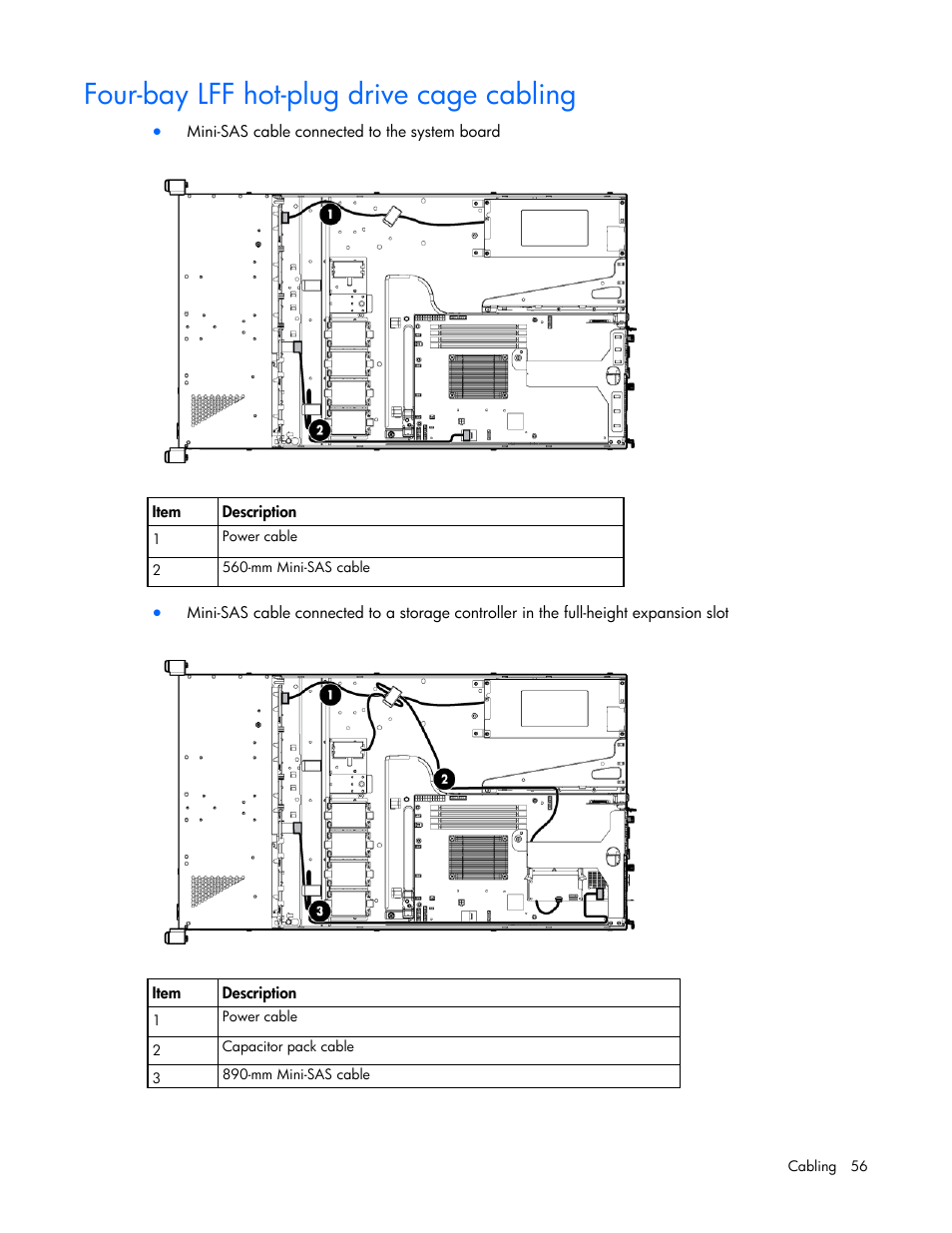 Four-bay lff hot-plug drive cage cabling | HP ProLiant DL320e Gen8 Server User Manual | Page 56 / 96