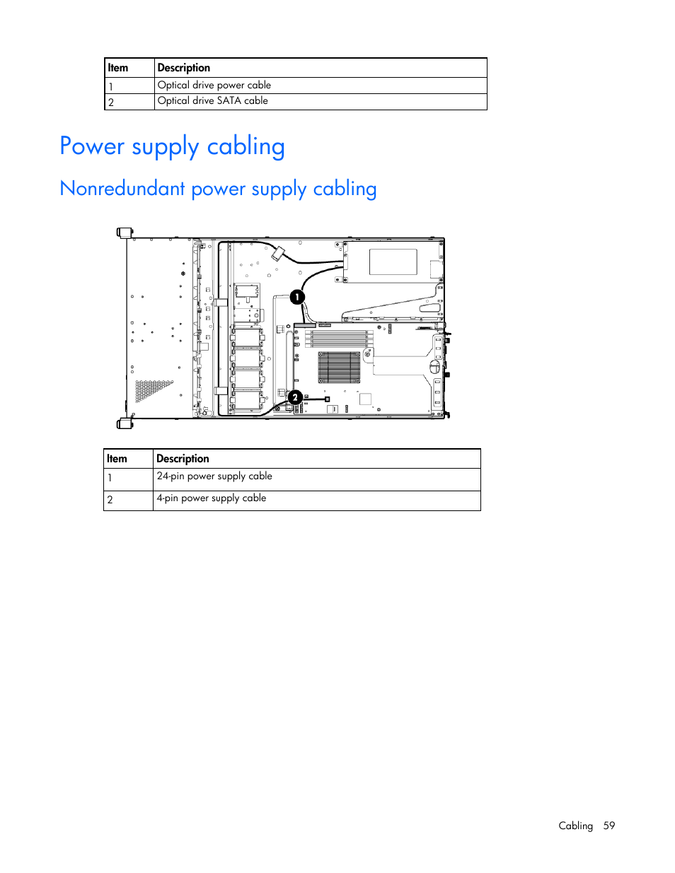 Power supply cabling, Nonredundant power supply cabling | HP ProLiant DL320e Gen8 Server User Manual | Page 59 / 96