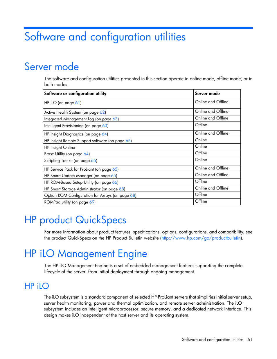 Software and configuration utilities, Server mode, Hp product quickspecs | Hp ilo management engine, Hp ilo | HP ProLiant DL320e Gen8 Server User Manual | Page 61 / 96