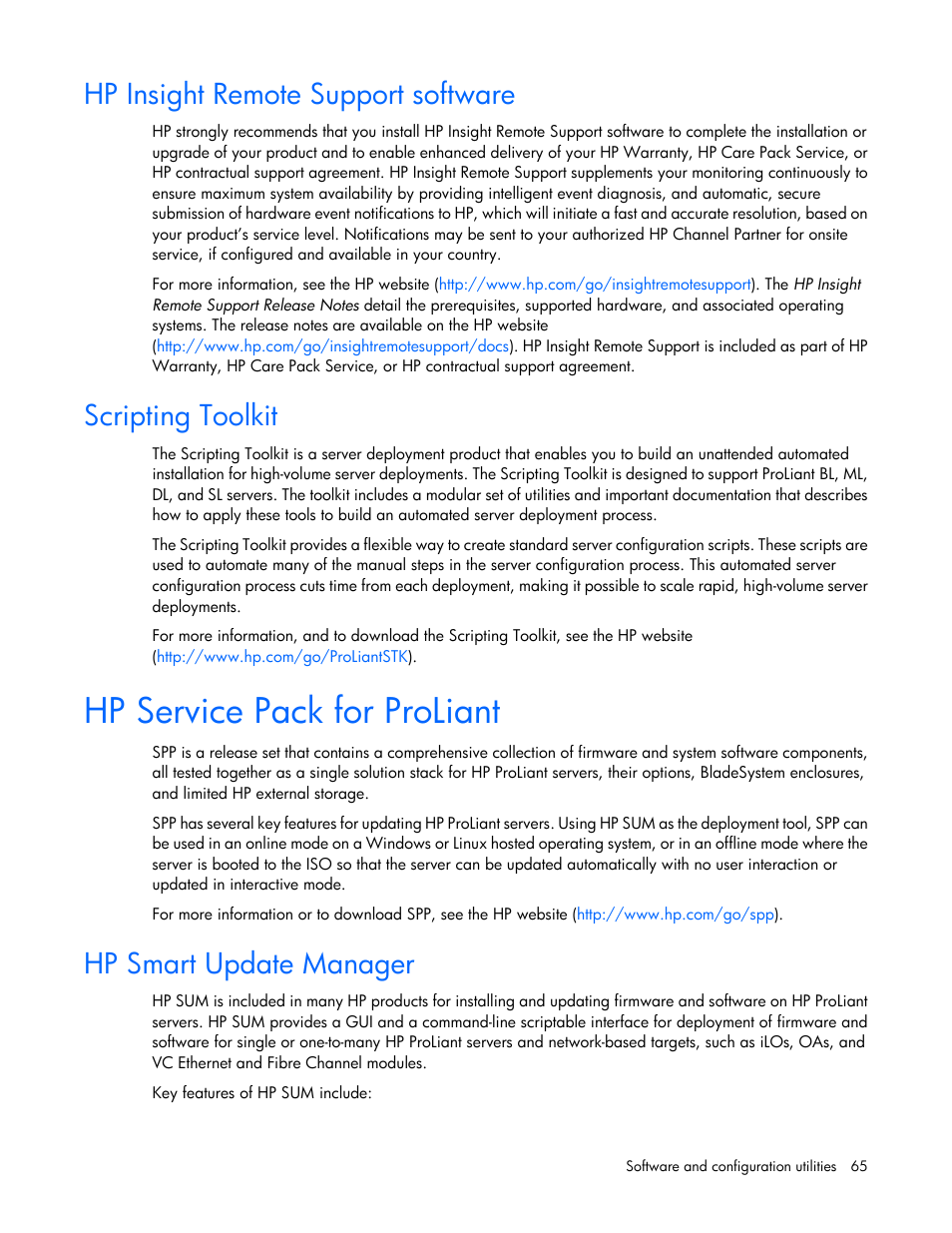 Hp insight remote support software, Scripting toolkit, Hp service pack for proliant | Hp smart update manager | HP ProLiant DL320e Gen8 Server User Manual | Page 65 / 96