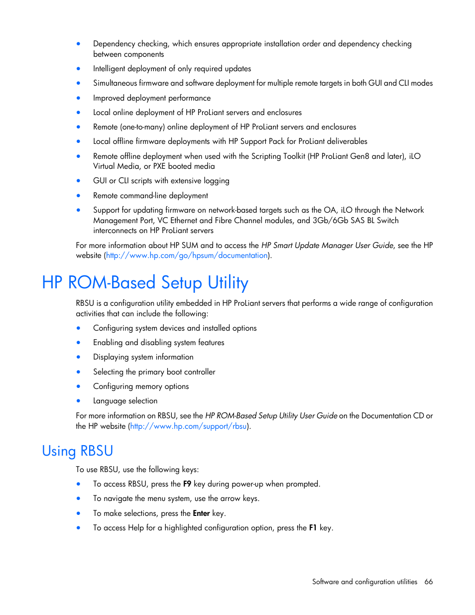 Hp rom-based setup utility, Using rbsu | HP ProLiant DL320e Gen8 Server User Manual | Page 66 / 96
