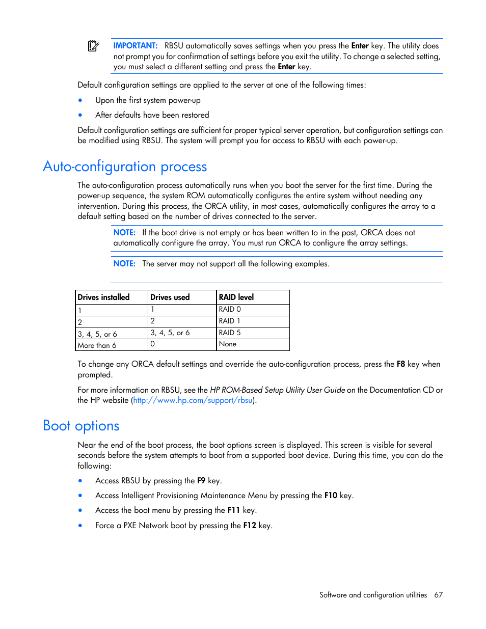 Auto-configuration process, Boot options | HP ProLiant DL320e Gen8 Server User Manual | Page 67 / 96