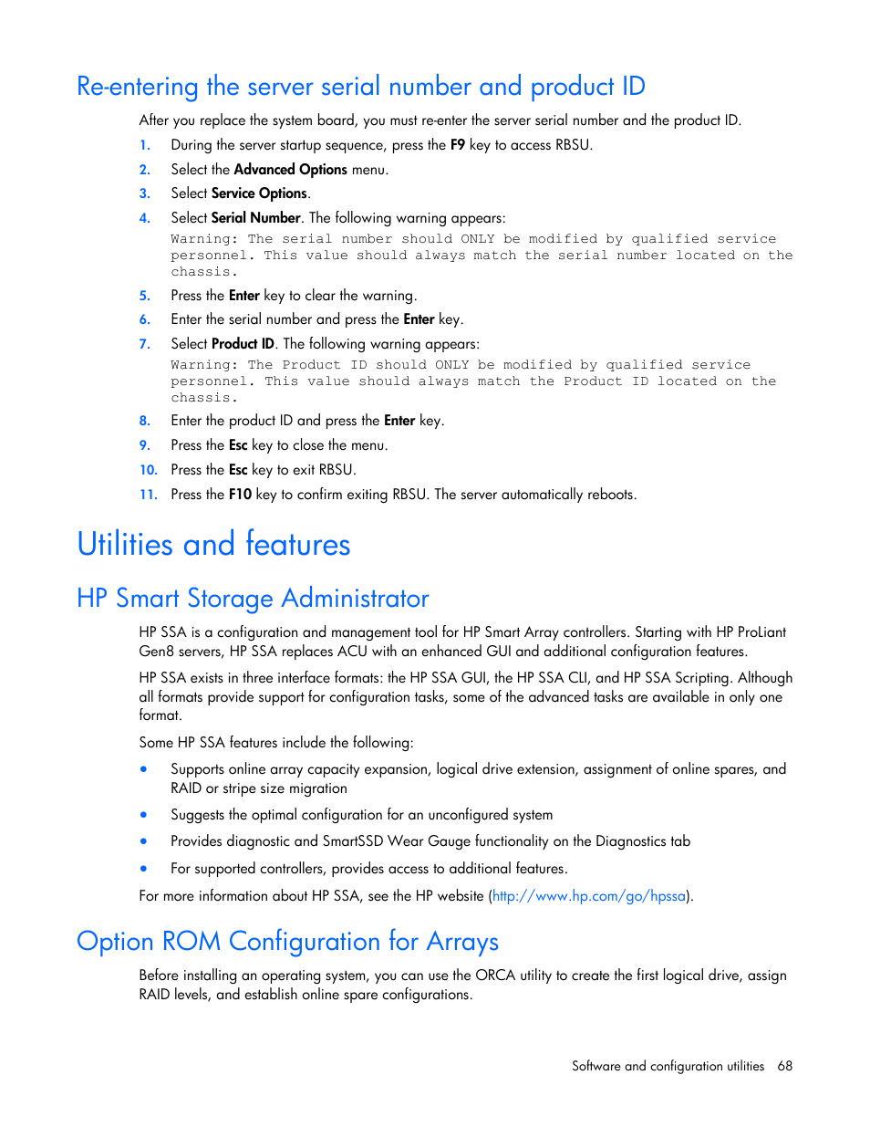 Utilities and features, Hp smart storage administrator, Option rom configuration for arrays | HP ProLiant DL320e Gen8 Server User Manual | Page 68 / 96