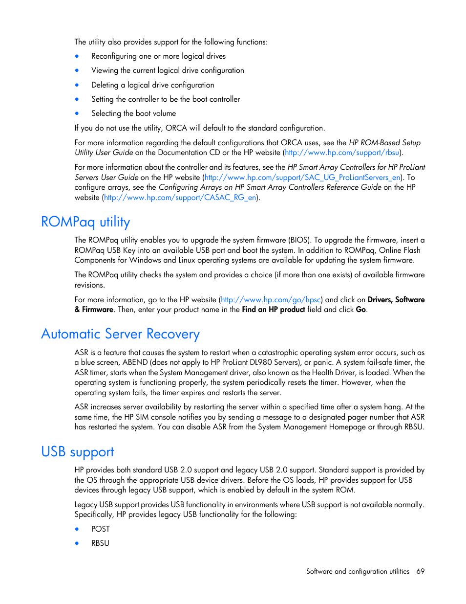 Rompaq utility, Automatic server recovery, Usb support | HP ProLiant DL320e Gen8 Server User Manual | Page 69 / 96