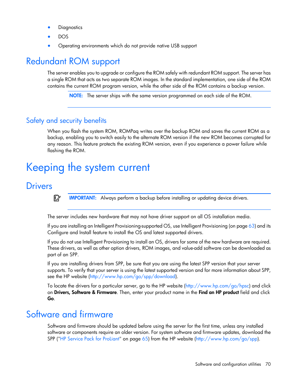 Redundant rom support, Safety and security benefits, Keeping the system current | Drivers, Software and firmware | HP ProLiant DL320e Gen8 Server User Manual | Page 70 / 96