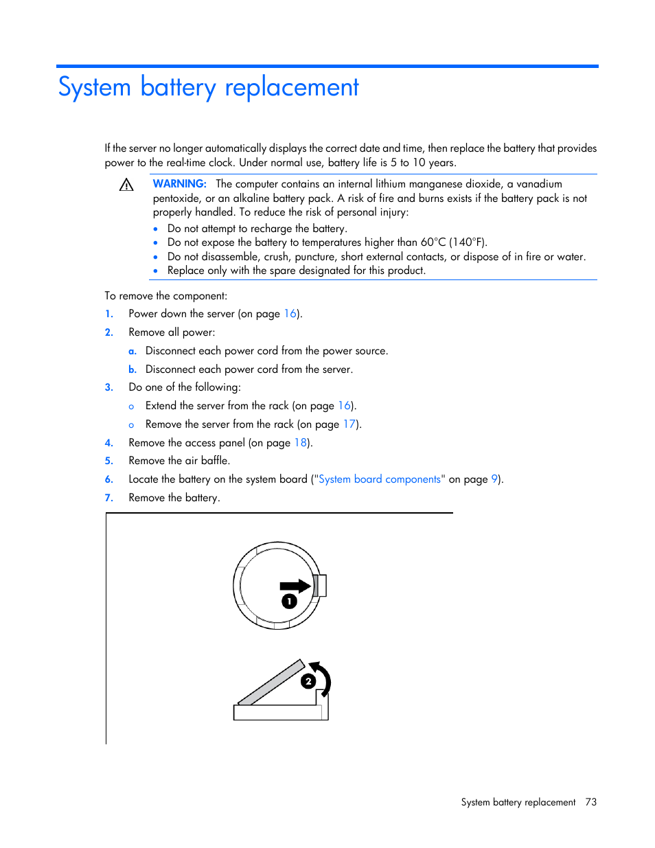 System battery replacement | HP ProLiant DL320e Gen8 Server User Manual | Page 73 / 96