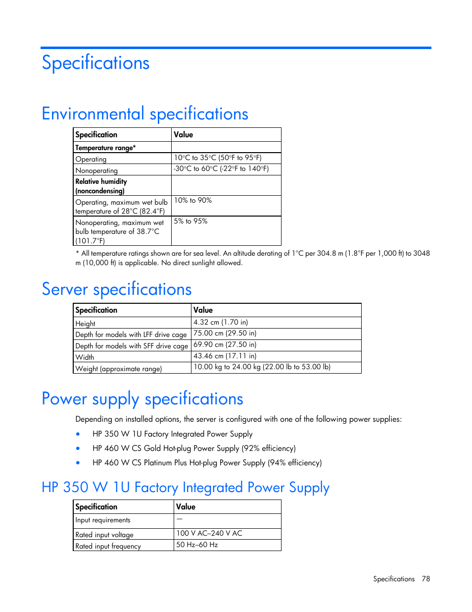 Specifications, Environmental specifications, Server specifications | Power supply specifications, Hp 350 w 1u factory integrated power supply | HP ProLiant DL320e Gen8 Server User Manual | Page 78 / 96