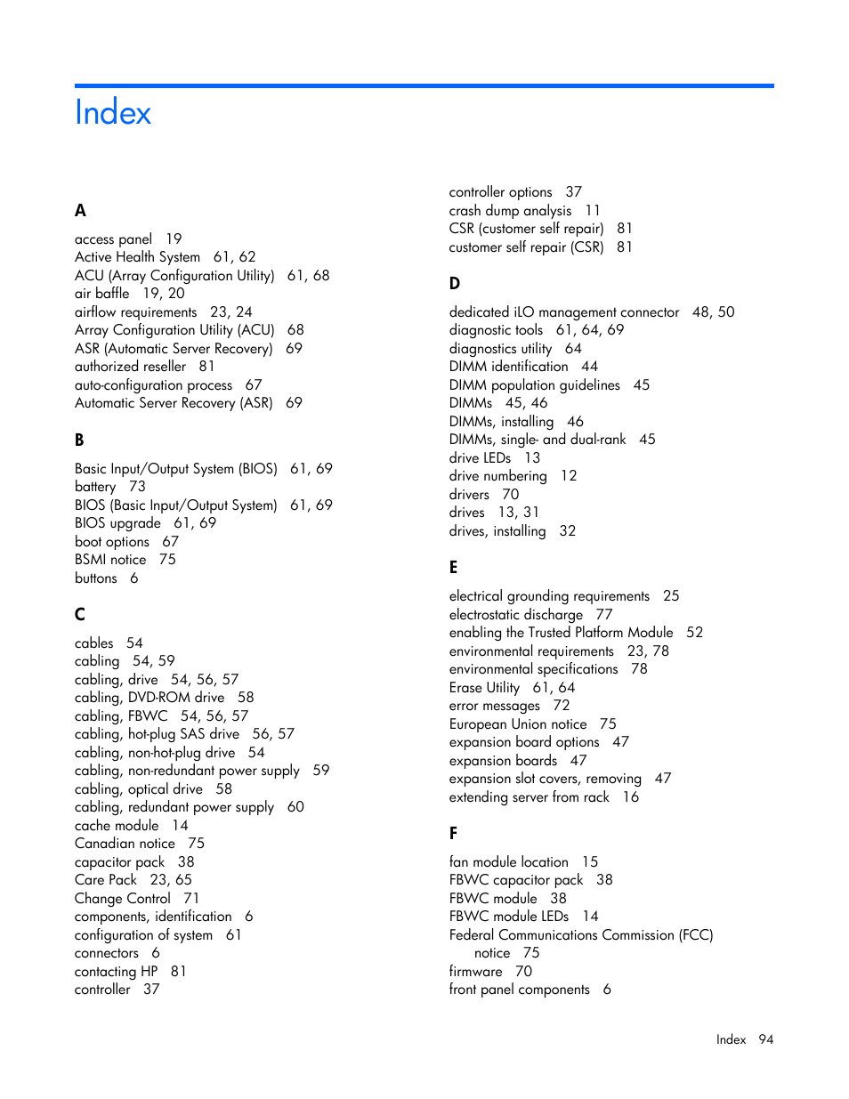 Index | HP ProLiant DL320e Gen8 Server User Manual | Page 94 / 96