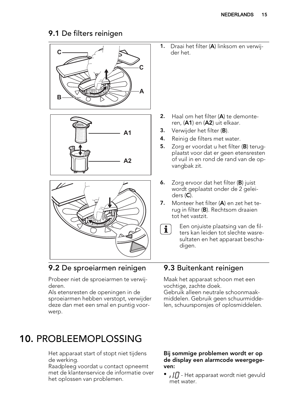 Probleemoplossing, 1 de filters reinigen, 2 de sproeiarmen reinigen | 3 buitenkant reinigen | AEG F65072W0P User Manual | Page 15 / 72