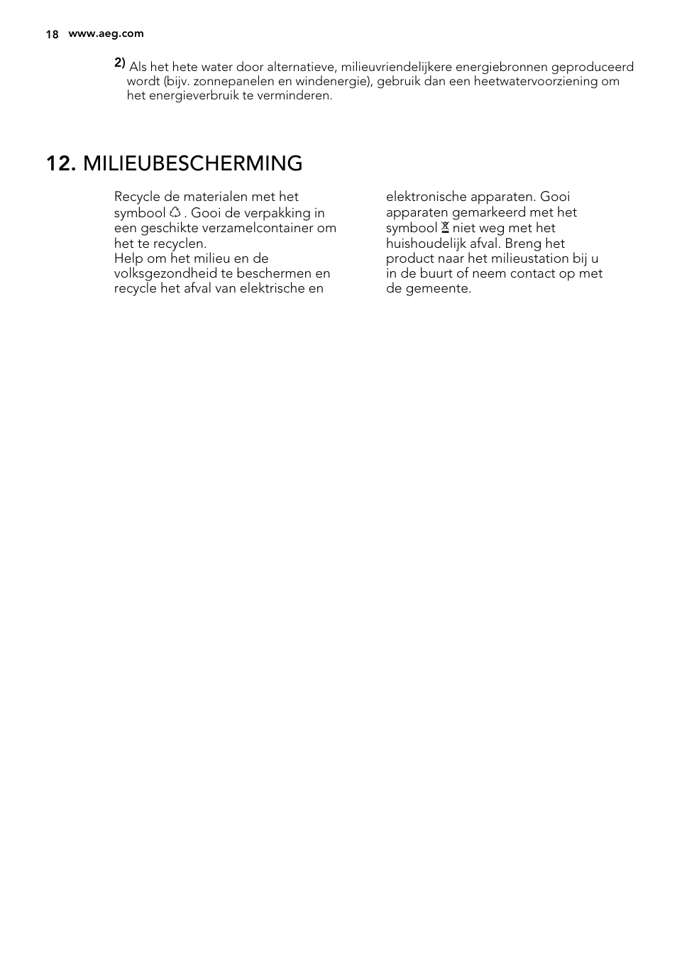 Milieubescherming | AEG F65072W0P User Manual | Page 18 / 72