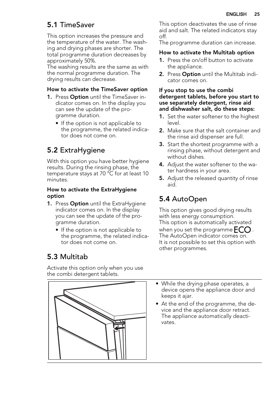 1 timesaver, 2 extrahygiene, 3 multitab | 4 autoopen | AEG F65072W0P User Manual | Page 25 / 72