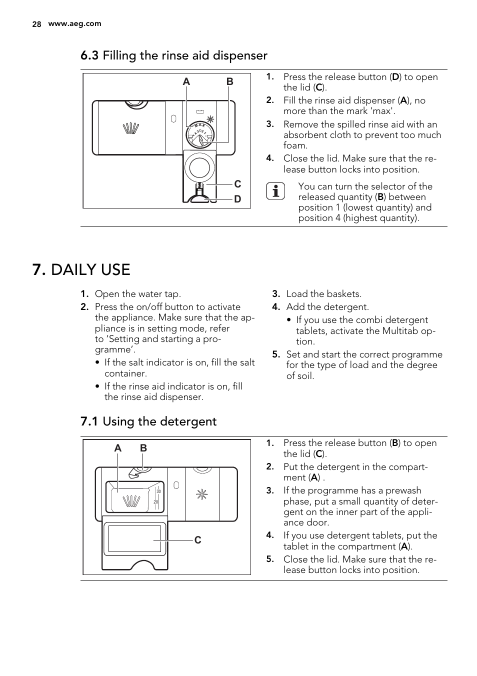 Daily use, 3 filling the rinse aid dispenser, 1 using the detergent | Ab d c, Ab c | AEG F65072W0P User Manual | Page 28 / 72