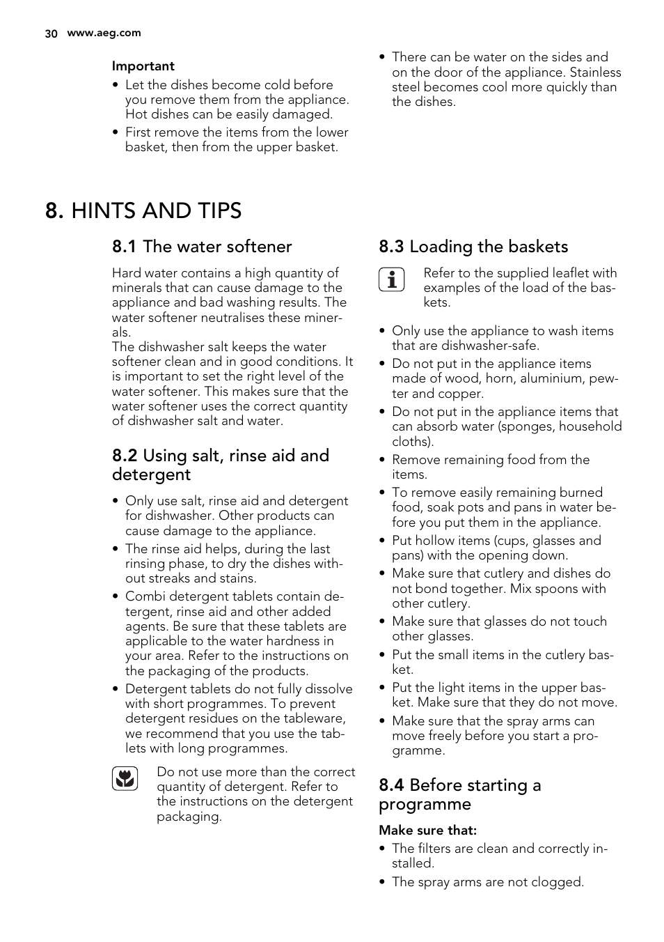 Hints and tips, 1 the water softener, 2 using salt, rinse aid and detergent | 3 loading the baskets, 4 before starting a programme | AEG F65072W0P User Manual | Page 30 / 72