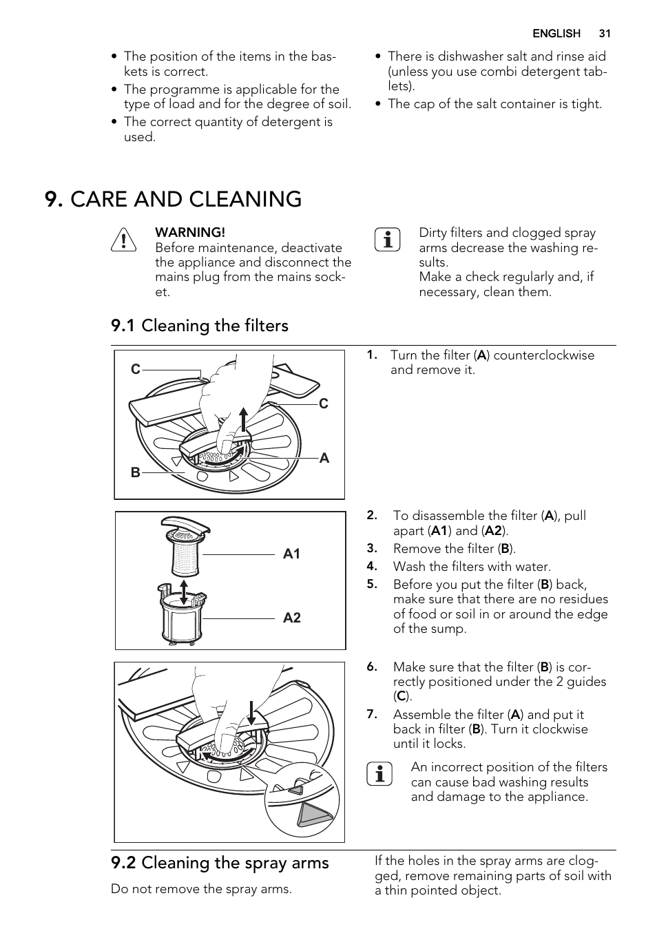 Care and cleaning, 1 cleaning the filters, 2 cleaning the spray arms | AEG F65072W0P User Manual | Page 31 / 72