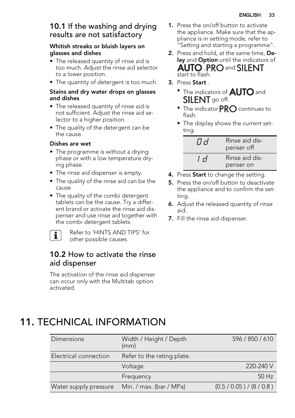 Technical information, 2 how to activate the rinse aid dispenser | AEG F65072W0P User Manual | Page 33 / 72