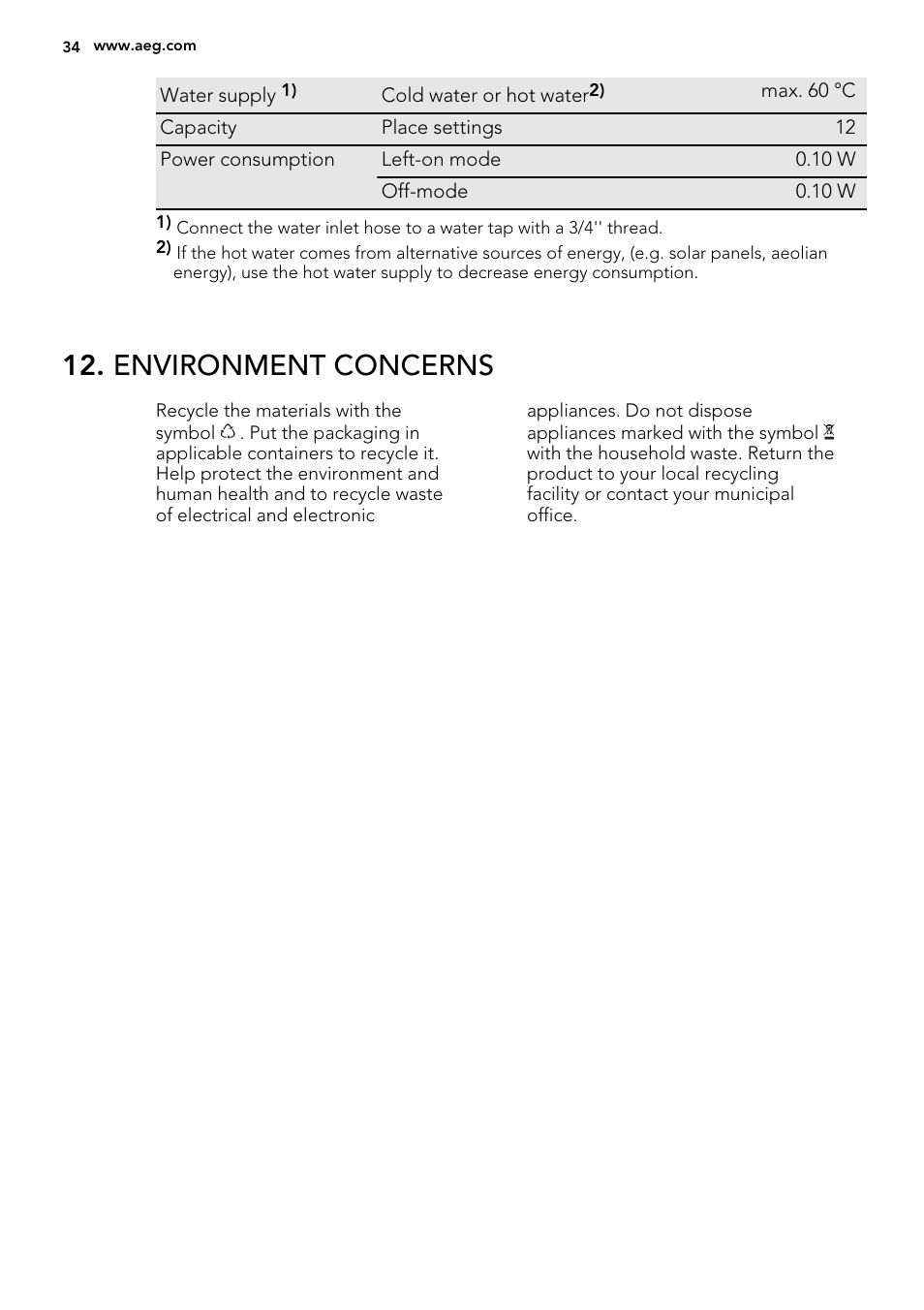 Environment concerns | AEG F65072W0P User Manual | Page 34 / 72