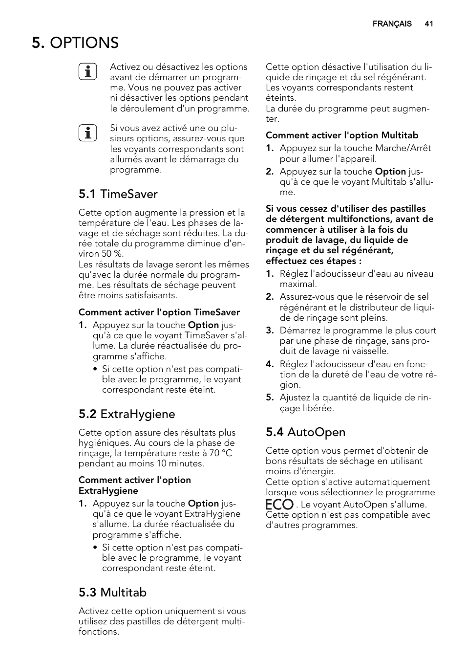 Options, 1 timesaver, 2 extrahygiene | 3 multitab, 4 autoopen | AEG F65072W0P User Manual | Page 41 / 72