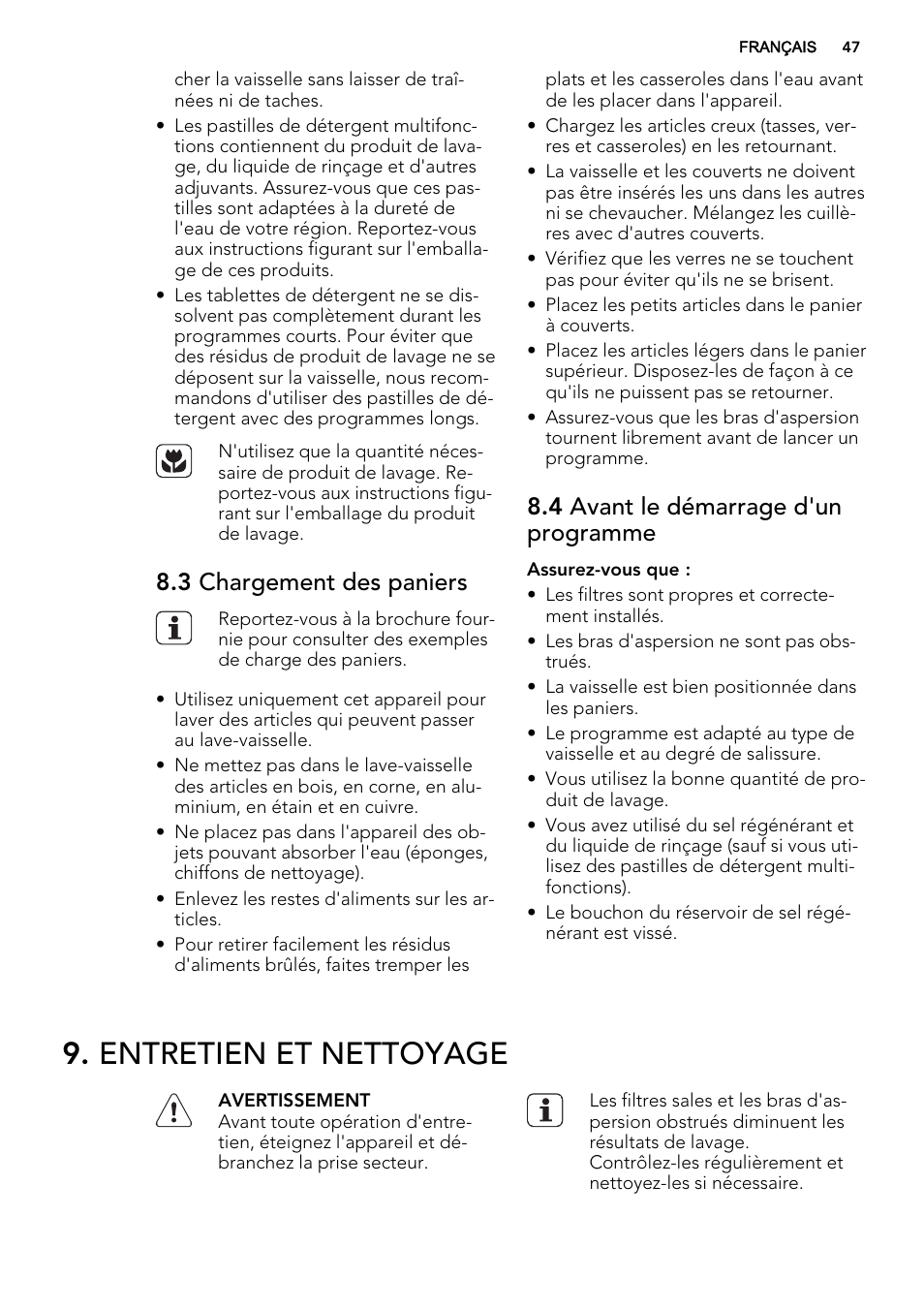Entretien et nettoyage, 3 chargement des paniers, 4 avant le démarrage d'un programme | AEG F65072W0P User Manual | Page 47 / 72