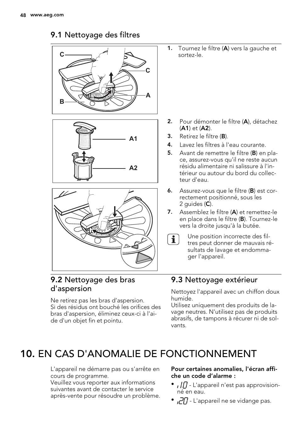 En cas d'anomalie de fonctionnement, 1 nettoyage des filtres, 2 nettoyage des bras d'aspersion | 3 nettoyage extérieur | AEG F65072W0P User Manual | Page 48 / 72
