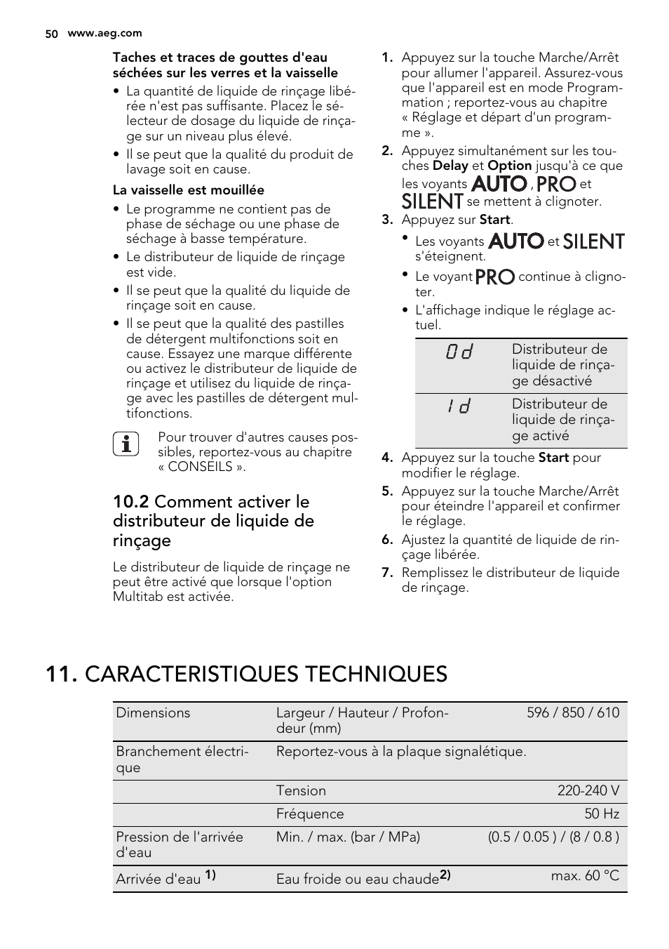 Caracteristiques techniques | AEG F65072W0P User Manual | Page 50 / 72