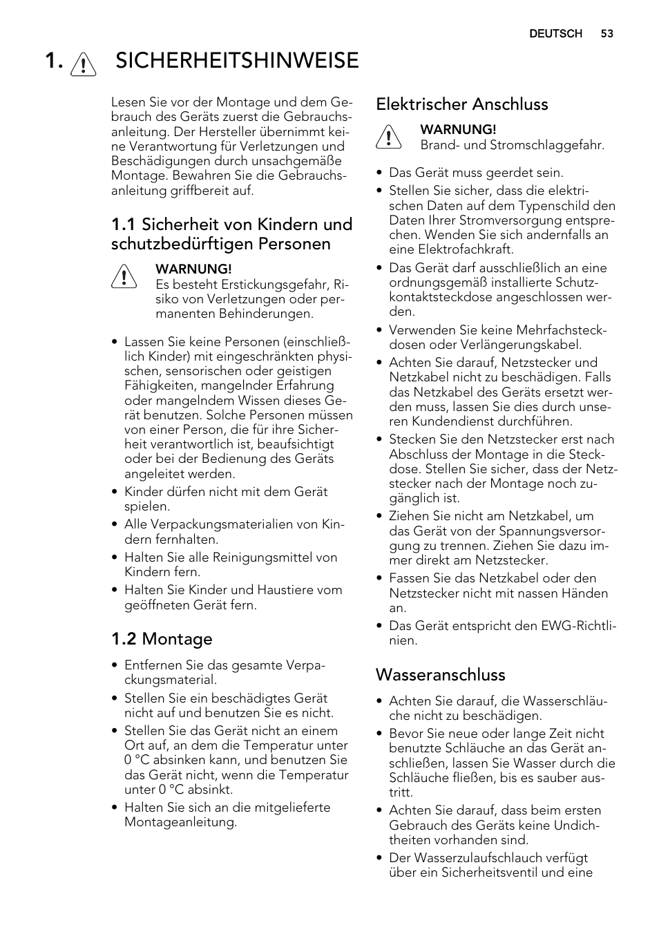 Sicherheitshinweise, 2 montage, Elektrischer anschluss | Wasseranschluss | AEG F65072W0P User Manual | Page 53 / 72