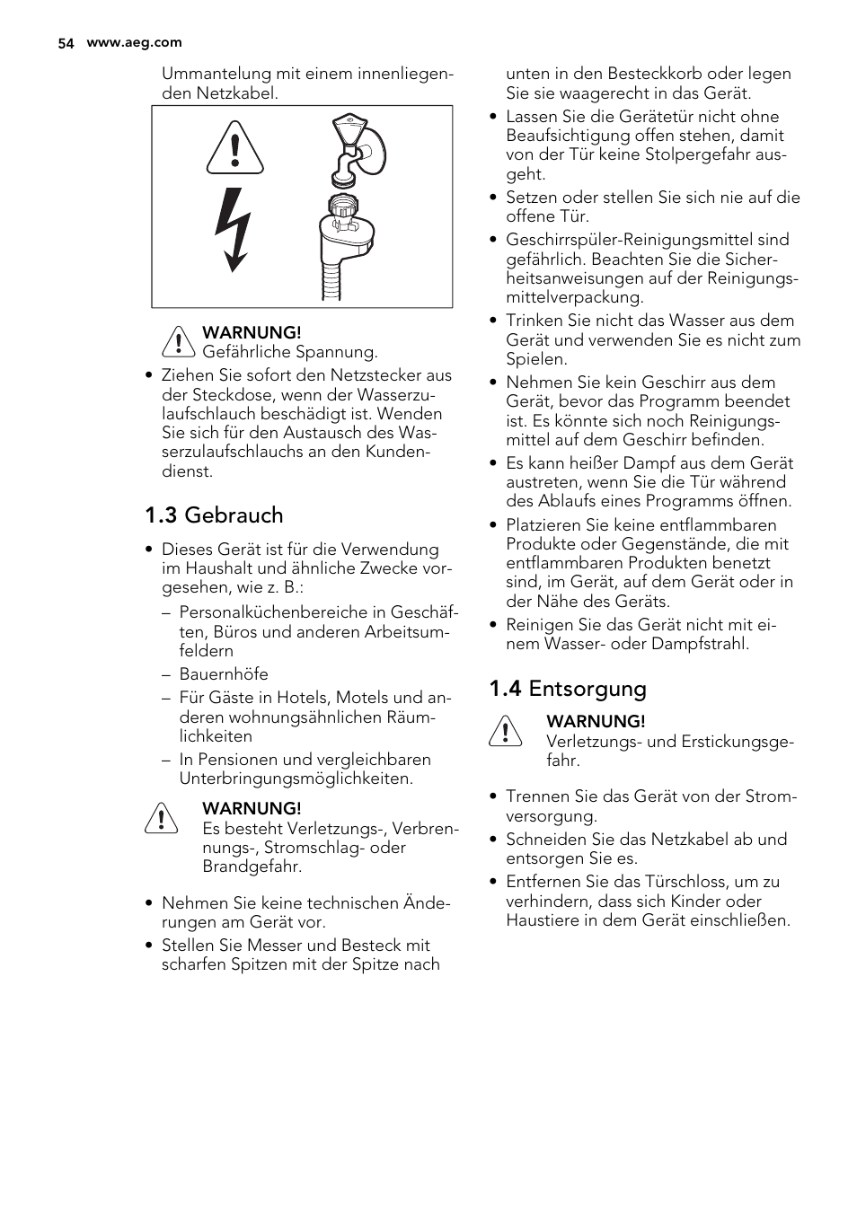 3 gebrauch, 4 entsorgung | AEG F65072W0P User Manual | Page 54 / 72