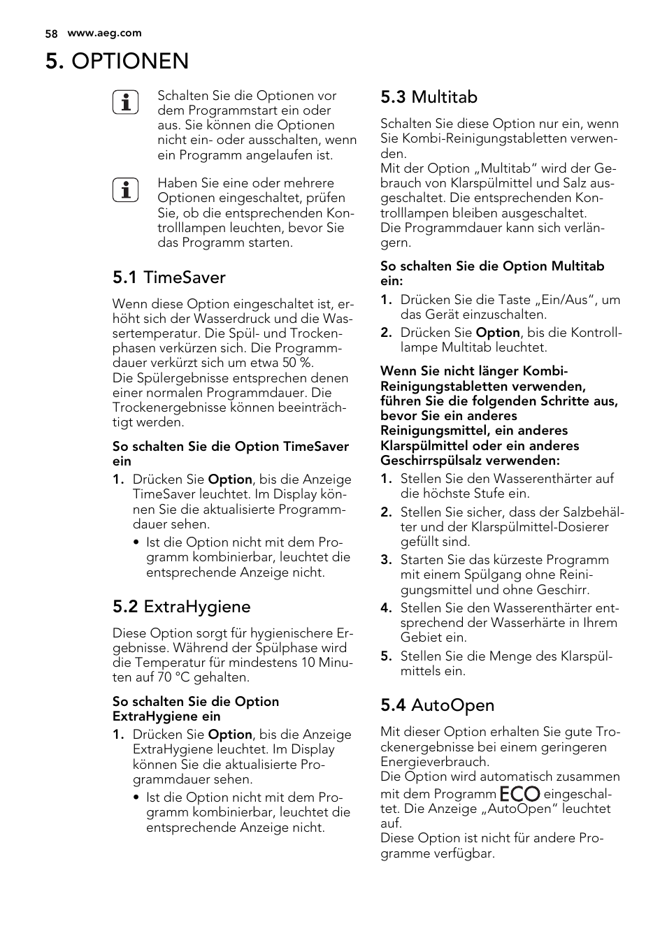 Optionen, 1 timesaver, 2 extrahygiene | 3 multitab, 4 autoopen | AEG F65072W0P User Manual | Page 58 / 72