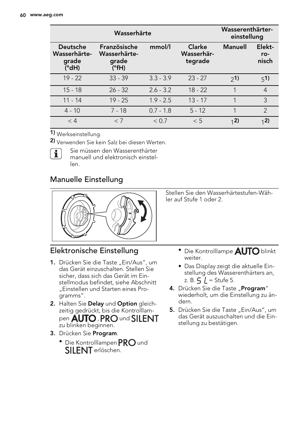 Manuelle einstellung, Elektronische einstellung | AEG F65072W0P User Manual | Page 60 / 72