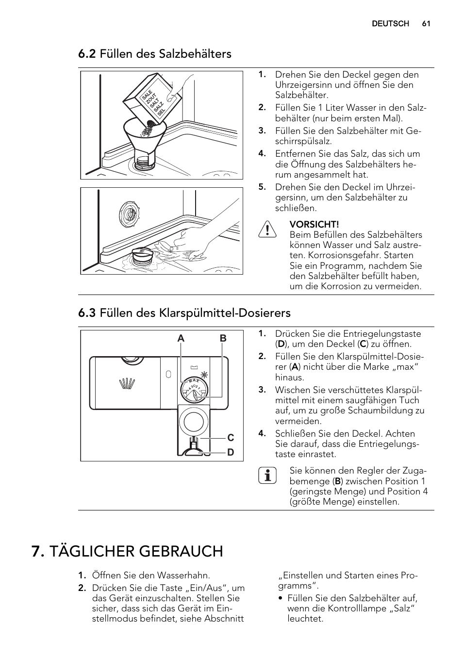 Täglicher gebrauch, 2 füllen des salzbehälters, 3 füllen des klarspülmittel-dosierers | AEG F65072W0P User Manual | Page 61 / 72