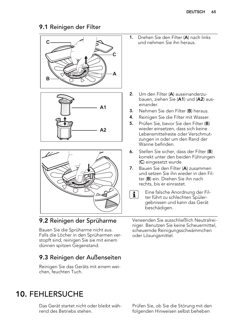 Fehlersuche, 1 reinigen der filter, 2 reinigen der sprüharme | 3 reinigen der außenseiten | AEG F65072W0P User Manual | Page 65 / 72