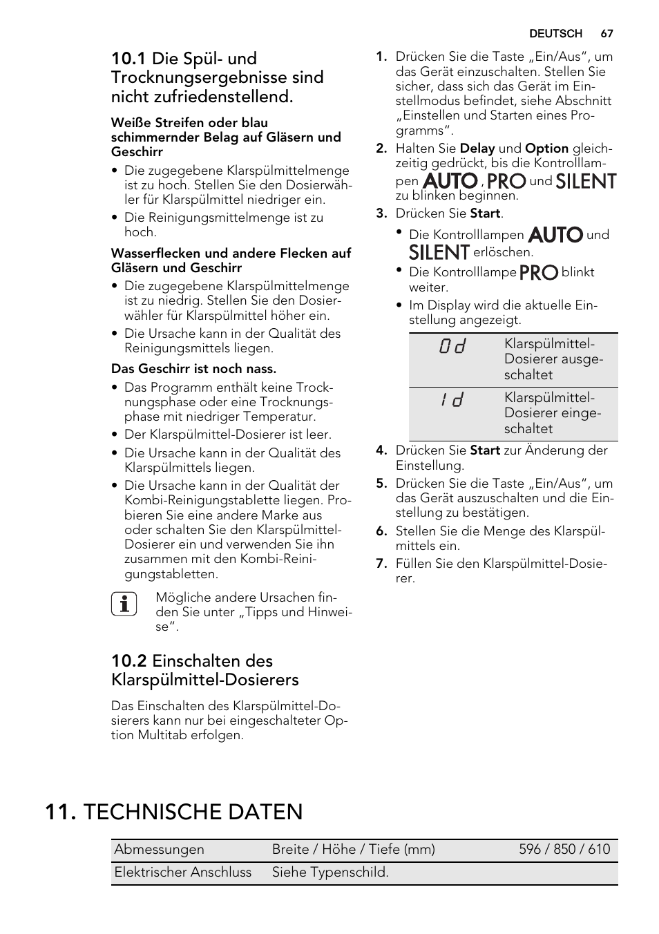 Technische daten, 2 einschalten des klarspülmittel-dosierers | AEG F65072W0P User Manual | Page 67 / 72