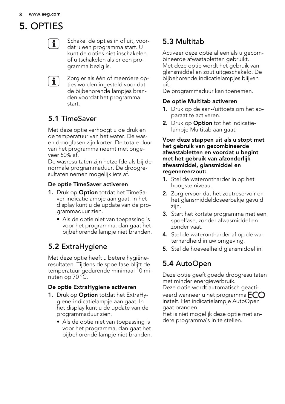 Opties, 1 timesaver, 2 extrahygiene | 3 multitab, 4 autoopen | AEG F65072W0P User Manual | Page 8 / 72