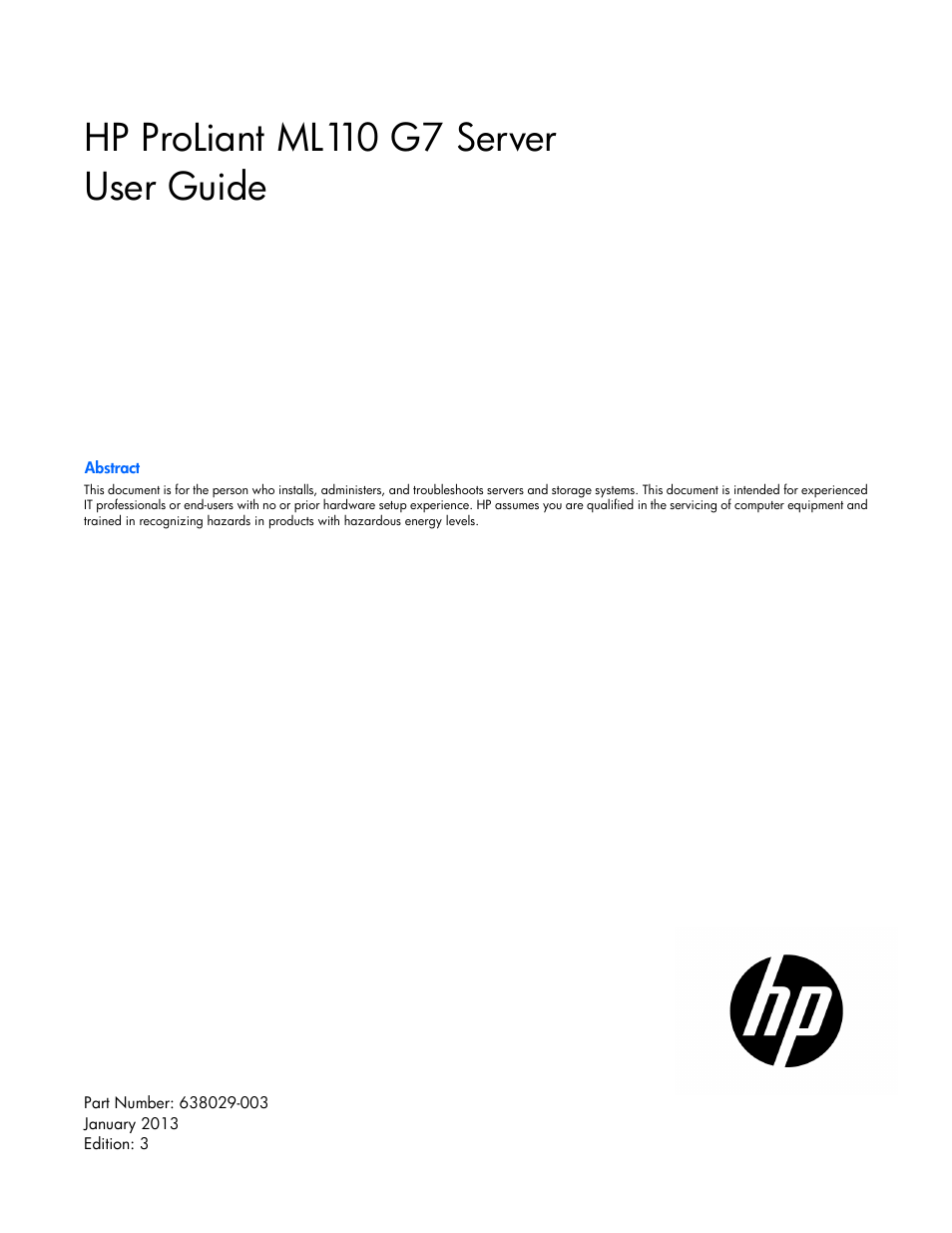 HP ProLiant ML110 G7 Server User Manual | 113 pages
