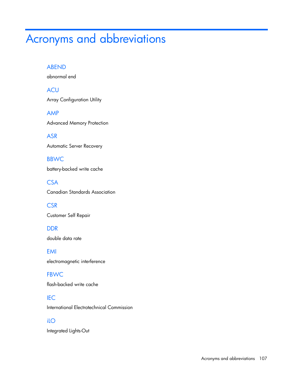 Acronyms and abbreviations | HP ProLiant ML110 G7 Server User Manual | Page 107 / 113