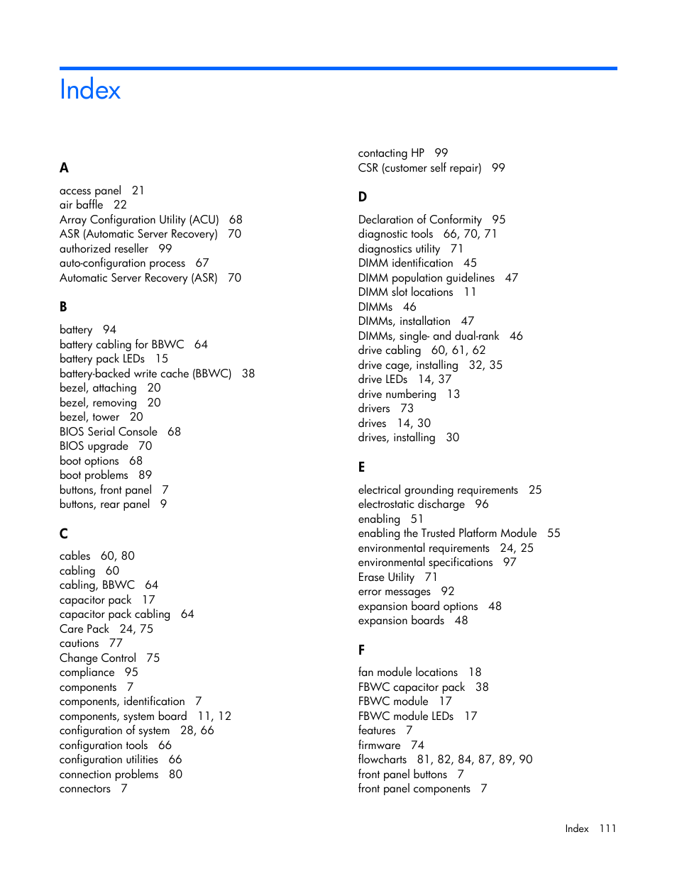 Index | HP ProLiant ML110 G7 Server User Manual | Page 111 / 113