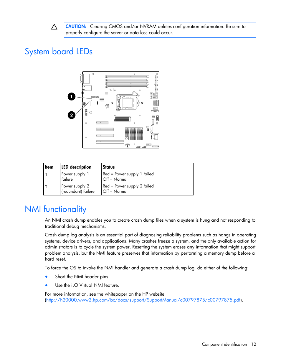 System board leds, Nmi functionality | HP ProLiant ML110 G7 Server User Manual | Page 12 / 113