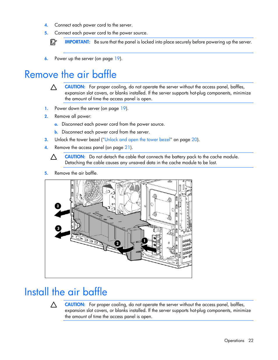 Remove the air baffle, Install the air baffle | HP ProLiant ML110 G7 Server User Manual | Page 22 / 113