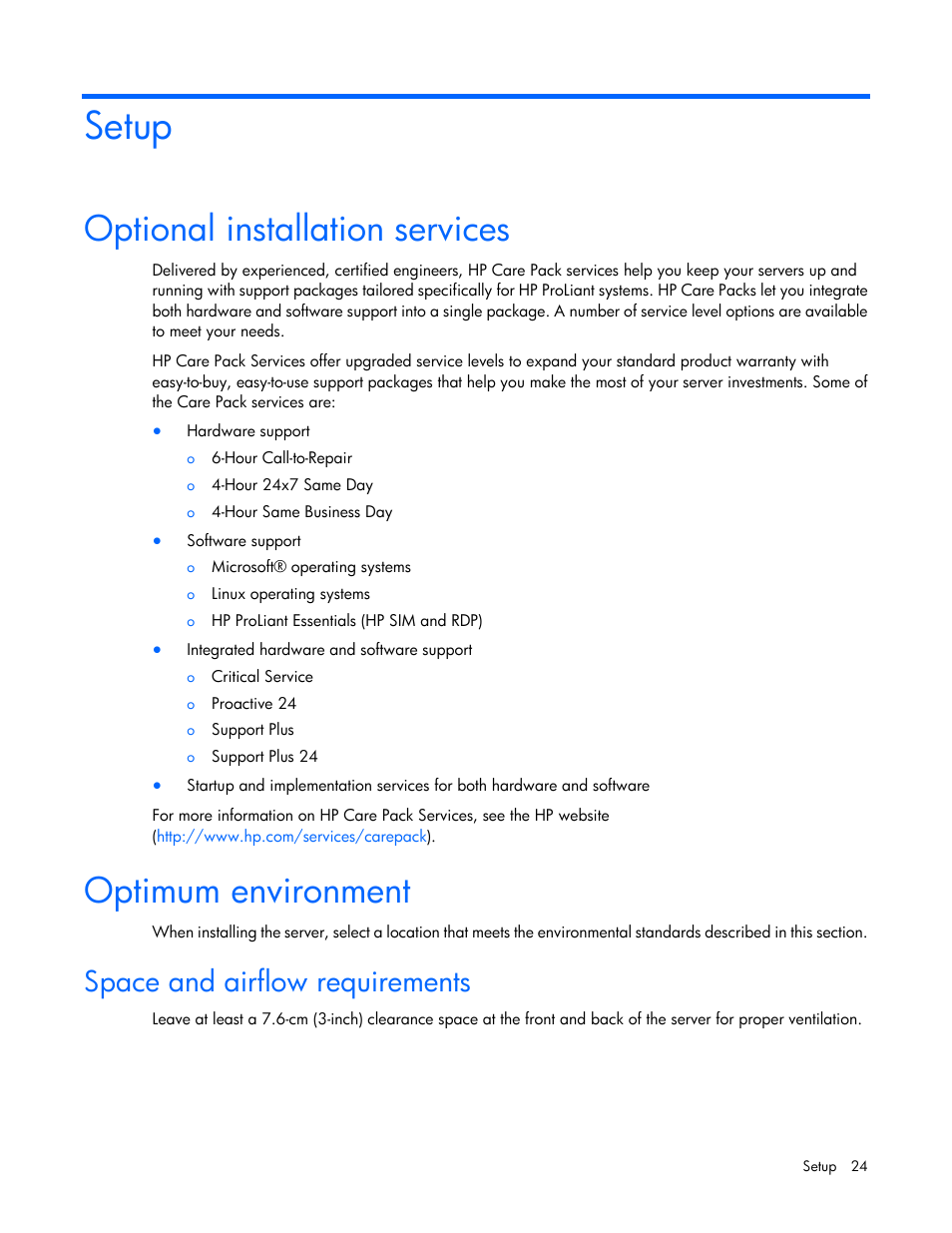 Setup, Optional installation services, Optimum environment | Space and airflow requirements | HP ProLiant ML110 G7 Server User Manual | Page 24 / 113