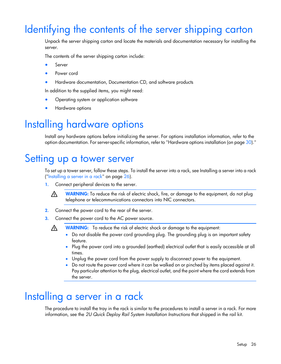 Installing hardware options, Setting up a tower server, Installing a server in a rack | HP ProLiant ML110 G7 Server User Manual | Page 26 / 113